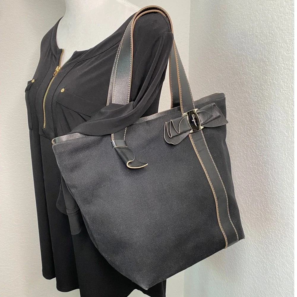 Salvatore Ferragamo Vara Ribbon Black‎ Canvas Leather Trimmed Tote Handbag Purse